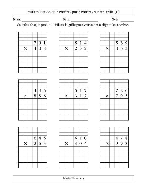 Multiplication de 3 chiffres par 3 chiffres avec l'aide d'une grille avec retenue (F)