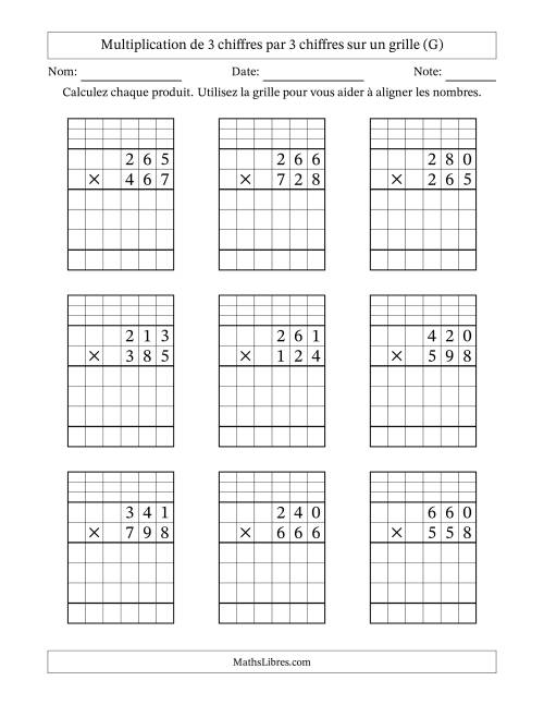 Multiplication de 3 chiffres par 3 chiffres avec l'aide d'une grille avec retenue (G)