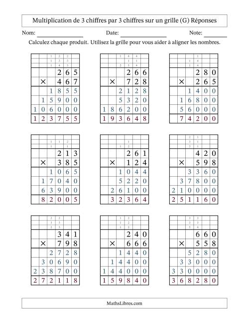 Multiplication de 3 chiffres par 3 chiffres avec l'aide d'une grille avec retenue (G) page 2