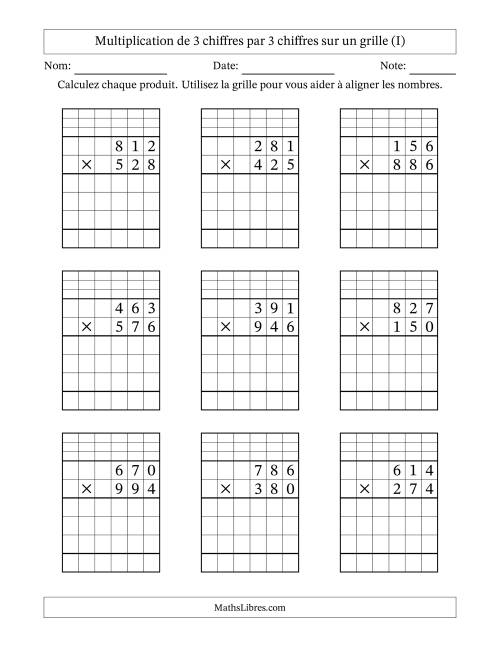 Multiplication de 3 chiffres par 3 chiffres avec l'aide d'une grille avec retenue (I)