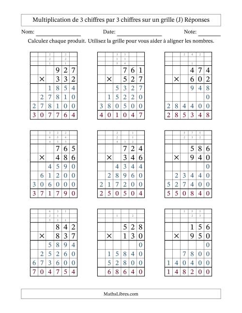 Multiplication de 3 chiffres par 3 chiffres avec l'aide d'une grille avec retenue (J) page 2