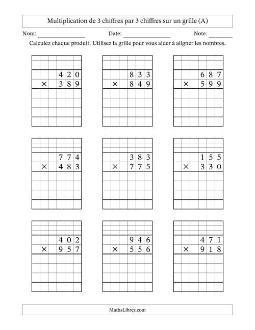 Multiplication de 3 chiffres par 3 chiffres avec l'aide d'une grille avec retenue (Tout)