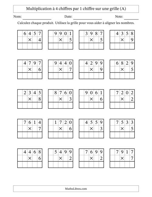 Multiplication à 4 chiffres par 1 chiffre avec le support d'une grille (A)