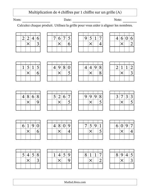 Multiplication de 4 chiffres par 1 chiffre avec l'aide d'une grille avec retenue (A)