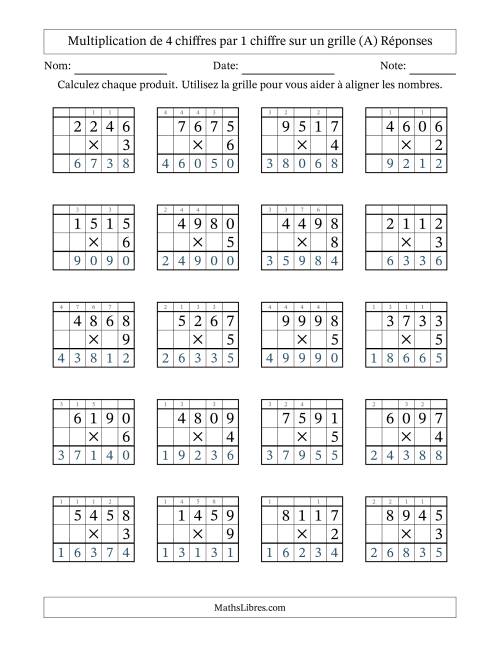 Multiplication de 4 chiffres par 1 chiffre avec l'aide d'une grille avec retenue (A) page 2