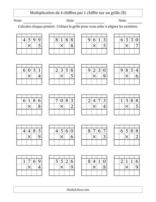 Multiplication de 4 chiffres par 1 chiffre avec l'aide d'une grille avec retenue (B)