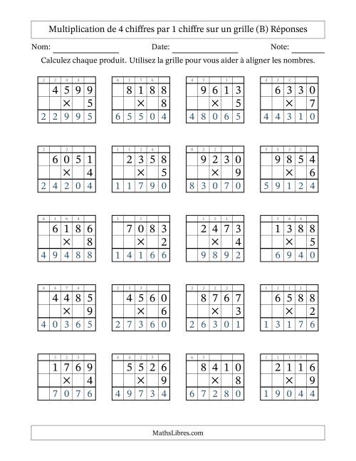 Multiplication de 4 chiffres par 1 chiffre avec l'aide d'une grille avec retenue (B) page 2