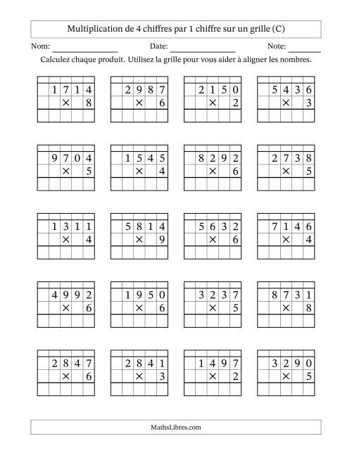 Multiplication de 4 chiffres par 1 chiffre avec l'aide d'une grille avec retenue (C)