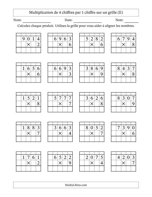 Multiplication de 4 chiffres par 1 chiffre avec l'aide d'une grille avec retenue (E)