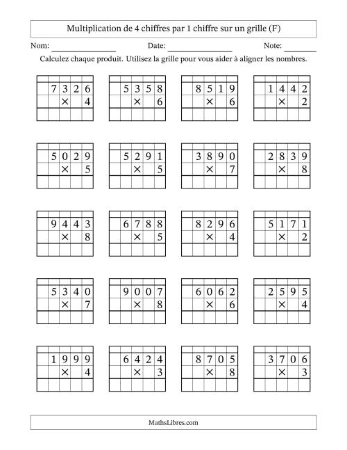 Multiplication de 4 chiffres par 1 chiffre avec l'aide d'une grille avec retenue (F)