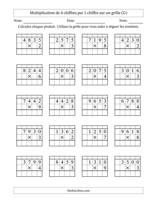 Multiplication de 4 chiffres par 1 chiffre avec l'aide d'une grille avec retenue (G)