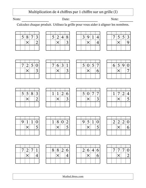 Multiplication de 4 chiffres par 1 chiffre avec l'aide d'une grille avec retenue (I)