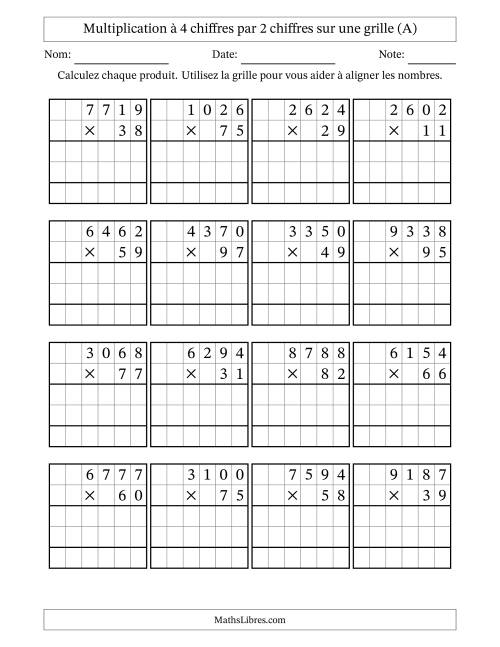 Multiplication à 4 chiffres par 2 chiffres avec le support d'une grille (A)
