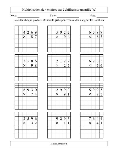 Multiplication de 4 chiffres par 2 chiffres avec l'aide d'une grille avec retenue (A)