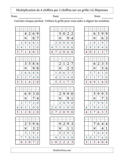 Multiplication de 4 chiffres par 2 chiffres avec l'aide d'une grille avec retenue (A) page 2