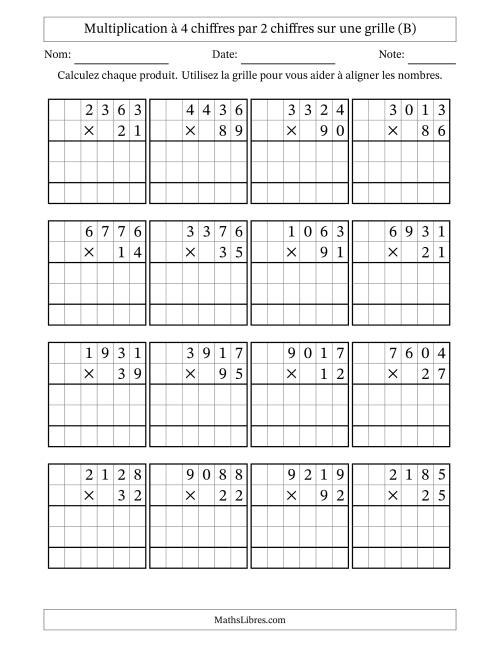 Multiplication à 4 chiffres par 2 chiffres avec le support d'une grille (B)