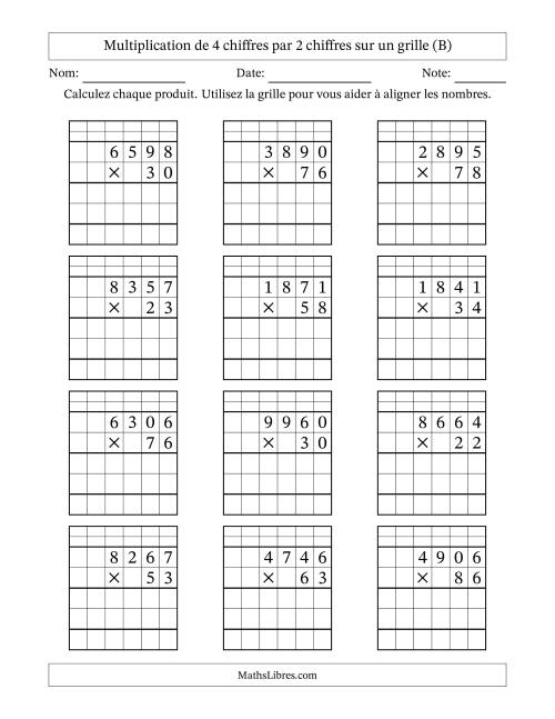 Multiplication de 4 chiffres par 2 chiffres avec l'aide d'une grille avec retenue (B)