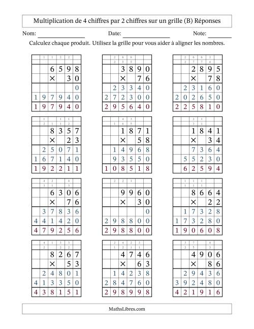 Multiplication de 4 chiffres par 2 chiffres avec l'aide d'une grille avec retenue (B) page 2