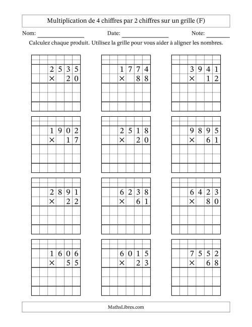 Multiplication de 4 chiffres par 2 chiffres avec l'aide d'une grille avec retenue (F)