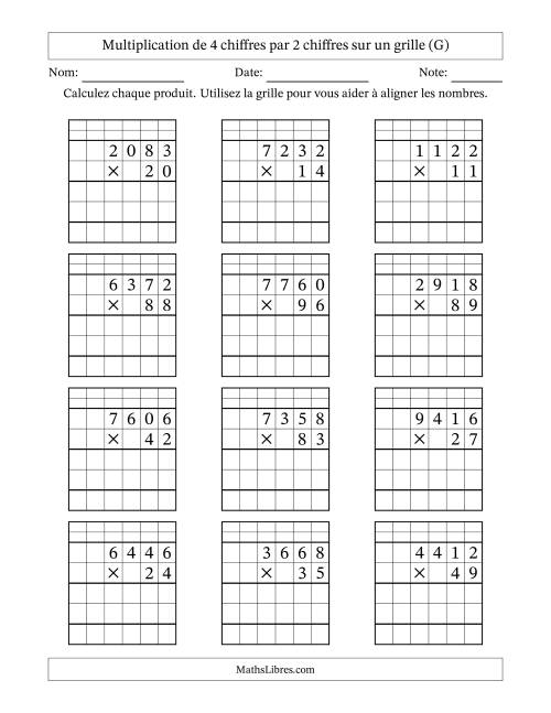 Multiplication de 4 chiffres par 2 chiffres avec l'aide d'une grille avec retenue (G)