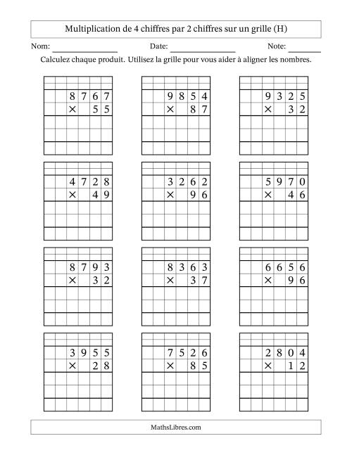 Multiplication de 4 chiffres par 2 chiffres avec l'aide d'une grille avec retenue (H)