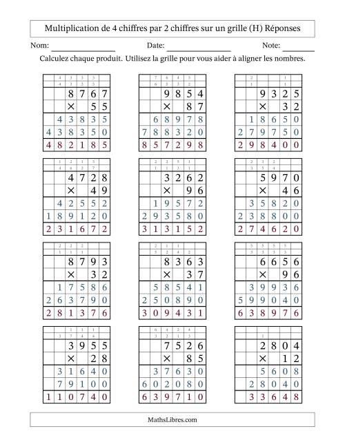 Multiplication de 4 chiffres par 2 chiffres avec l'aide d'une grille avec retenue (H) page 2