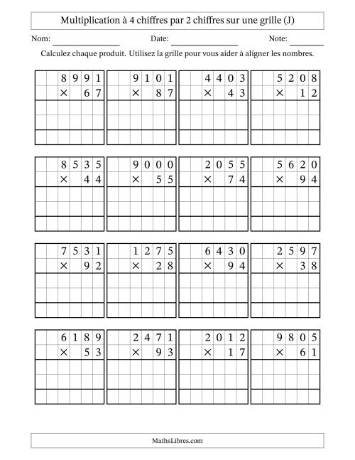 Multiplication à 4 chiffres par 2 chiffres avec le support d'une grille (J)