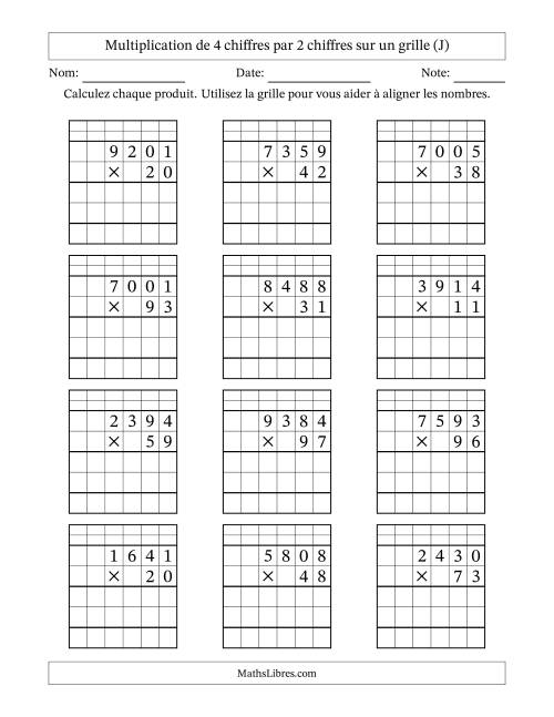 Multiplication de 4 chiffres par 2 chiffres avec l'aide d'une grille avec retenue (J)