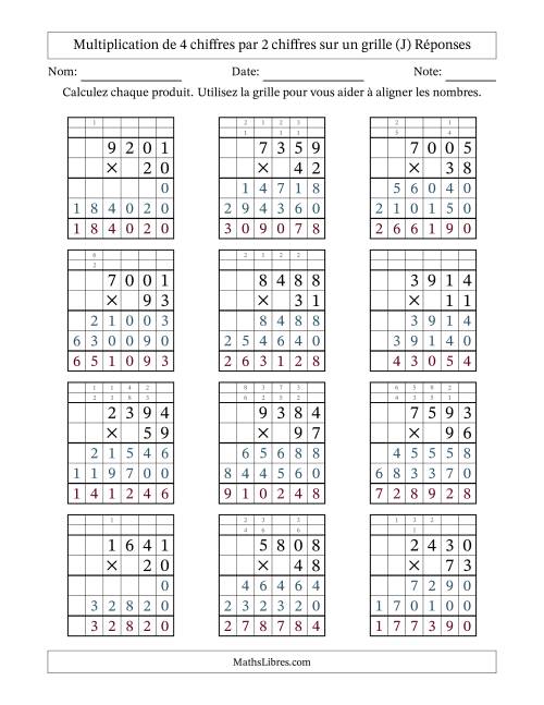 Multiplication de 4 chiffres par 2 chiffres avec l'aide d'une grille avec retenue (J) page 2