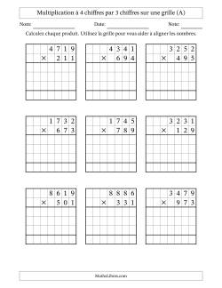 Multiplication à 4 chiffres par 3 chiffres avec le support d'une grille