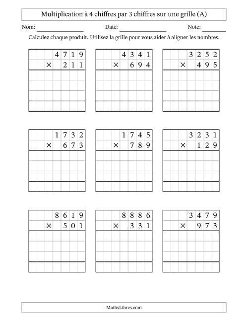 Multiplication à 4 chiffres par 3 chiffres avec le support d'une grille (A)