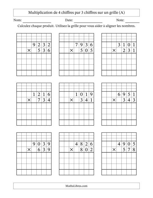 Multiplication de 4 chiffres par 3 chiffres avec l'aide d'une grille avec retenue (A)