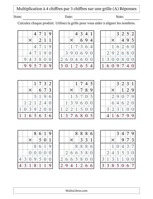 Multiplication à 4 chiffres par 3 chiffres avec le support d'une grille (A) page 2