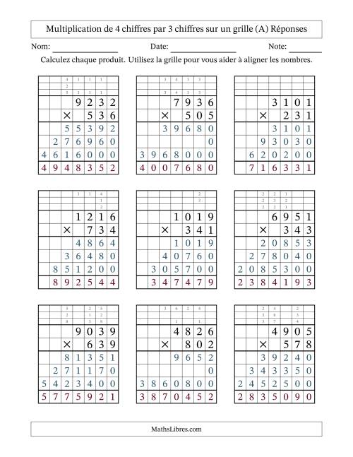 Multiplication de 4 chiffres par 3 chiffres avec l'aide d'une grille avec retenue (A) page 2