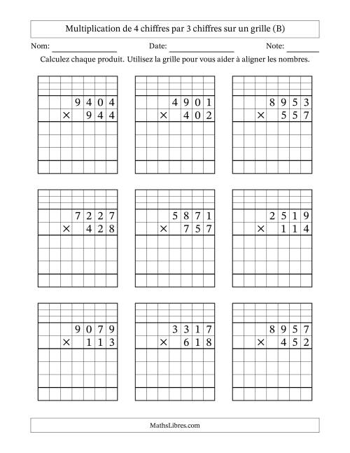 Multiplication de 4 chiffres par 3 chiffres avec l'aide d'une grille avec retenue (B)