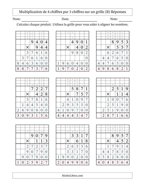 Multiplication de 4 chiffres par 3 chiffres avec l'aide d'une grille avec retenue (B) page 2