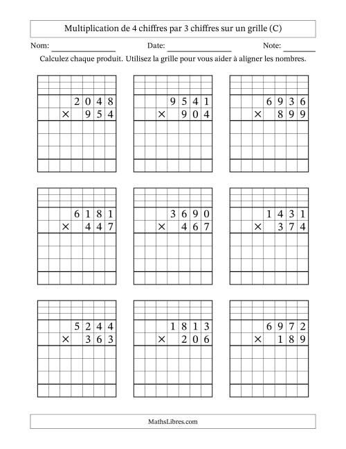 Multiplication de 4 chiffres par 3 chiffres avec l'aide d'une grille avec retenue (C)