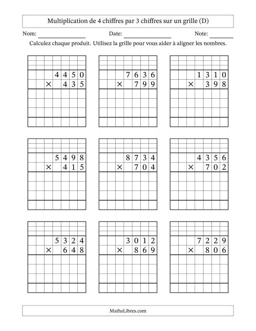 Multiplication de 4 chiffres par 3 chiffres avec l'aide d'une grille avec retenue (D)