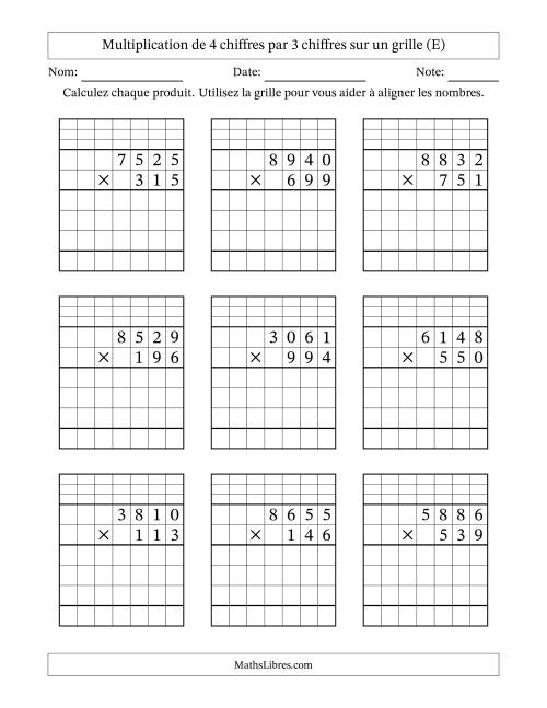 Multiplication de 4 chiffres par 3 chiffres avec l'aide d'une grille avec retenue (E)