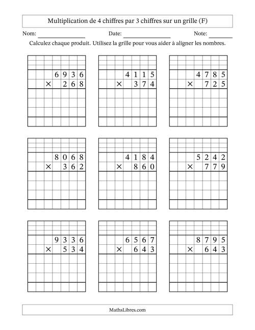 Multiplication de 4 chiffres par 3 chiffres avec l'aide d'une grille avec retenue (F)