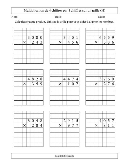 Multiplication de 4 chiffres par 3 chiffres avec l'aide d'une grille avec retenue (H)