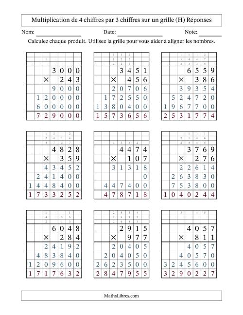 Multiplication de 4 chiffres par 3 chiffres avec l'aide d'une grille avec retenue (H) page 2