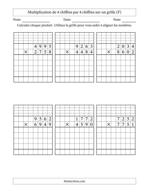 Multiplication de 4 chiffres par 4 chiffres avec l'aide d'une grille avec retenue (F)