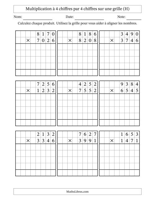 Multiplication à 4 chiffres par 4 chiffres avec le support d'une grille (H)