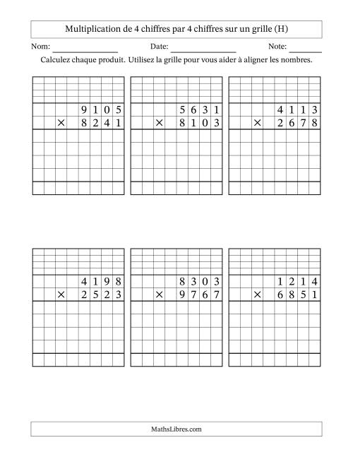 Multiplication de 4 chiffres par 4 chiffres avec l'aide d'une grille avec retenue (H)