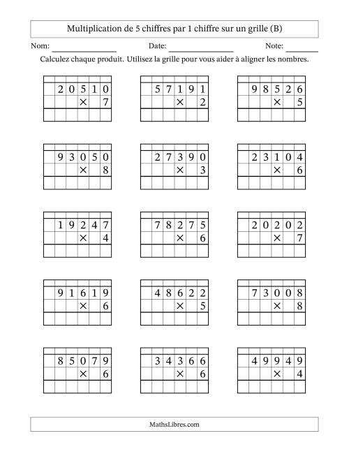 Multiplication de 5 chiffres par 1 chiffre avec l'aide d'une grille avec retenue (B)