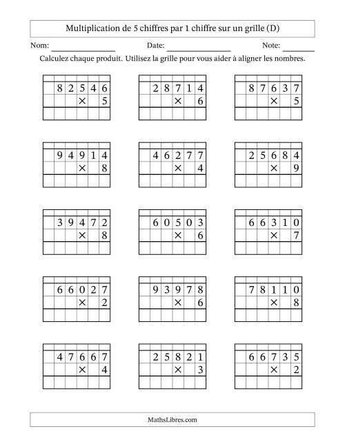 Multiplication de 5 chiffres par 1 chiffre avec l'aide d'une grille avec retenue (D)