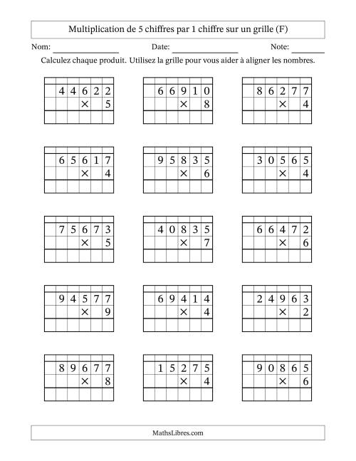 Multiplication de 5 chiffres par 1 chiffre avec l'aide d'une grille avec retenue (F)