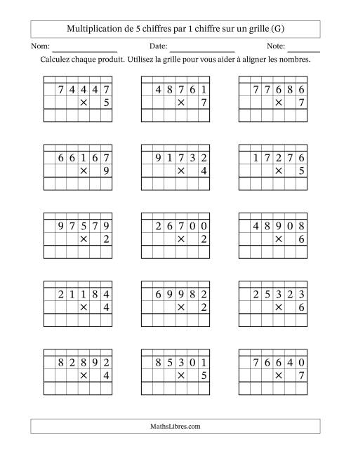 Multiplication de 5 chiffres par 1 chiffre avec l'aide d'une grille avec retenue (G)