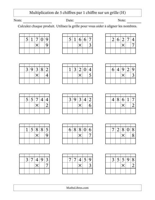 Multiplication de 5 chiffres par 1 chiffre avec l'aide d'une grille avec retenue (H)